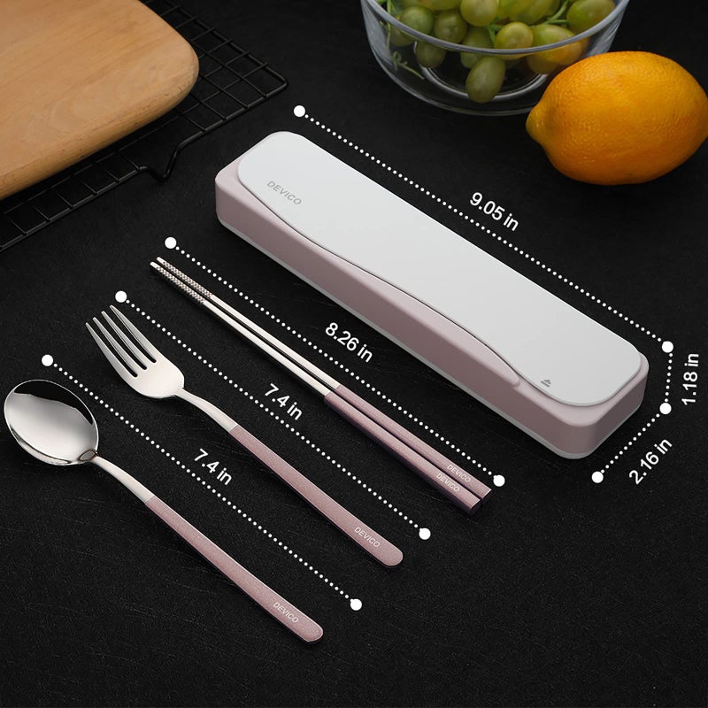 DEVICO Travel Utensils, 18/8 Stainless Steel 4pcs Cutlery Set Portable Camp Reusable Flatware Silverware, Include Fork Spoon Chopsticks with Case (Pink) - Image 3